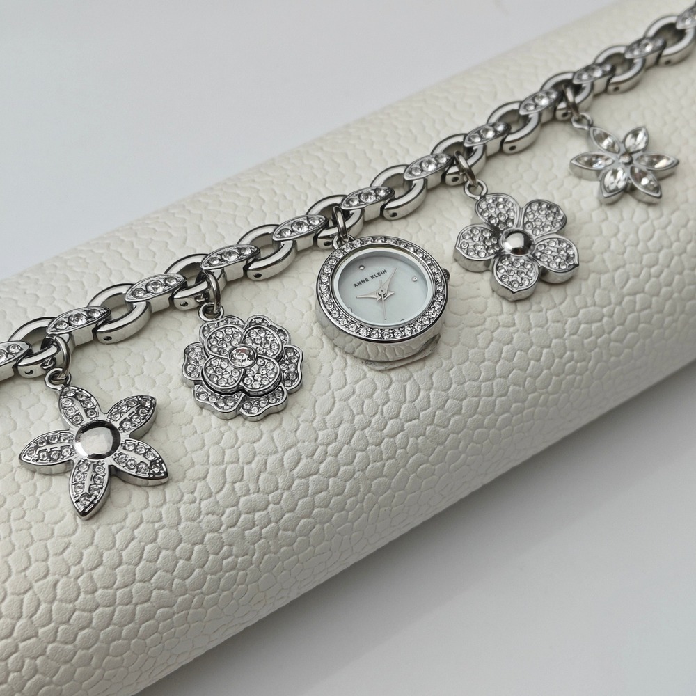 Anne Klein Silver Tone Glass Crystal Floral Charm Bracelet Watch Chunky Flower